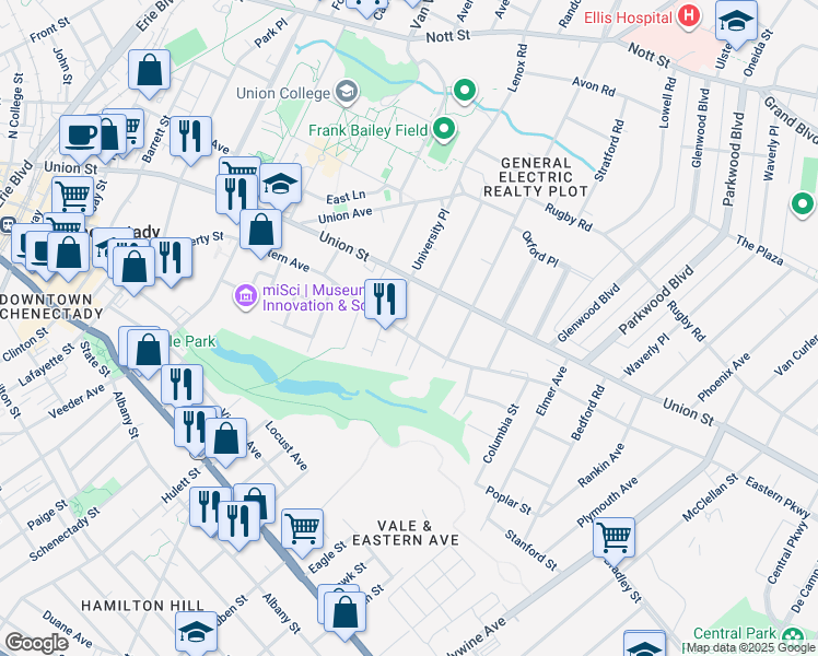 map of restaurants, bars, coffee shops, grocery stores, and more near 828 Eastern Avenue in Schenectady