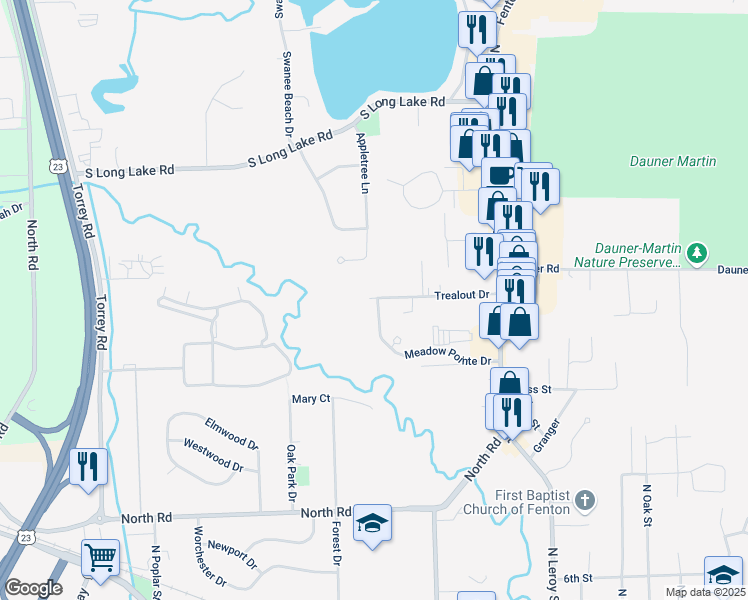 map of restaurants, bars, coffee shops, grocery stores, and more near 311 Meadow Pointe Drive in Fenton