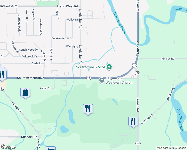 map of restaurants, bars, coffee shops, grocery stores, and more near 1590 Southwestern Boulevard in Buffalo