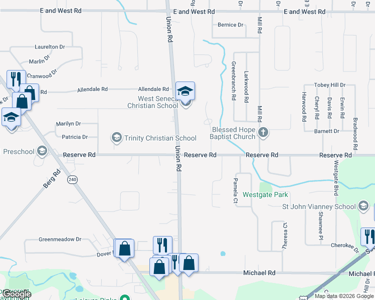 map of restaurants, bars, coffee shops, grocery stores, and more near in West Seneca