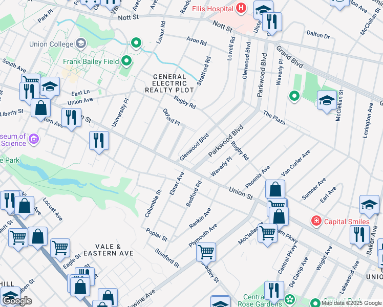 map of restaurants, bars, coffee shops, grocery stores, and more near 1032 Glenwood Boulevard in Schenectady