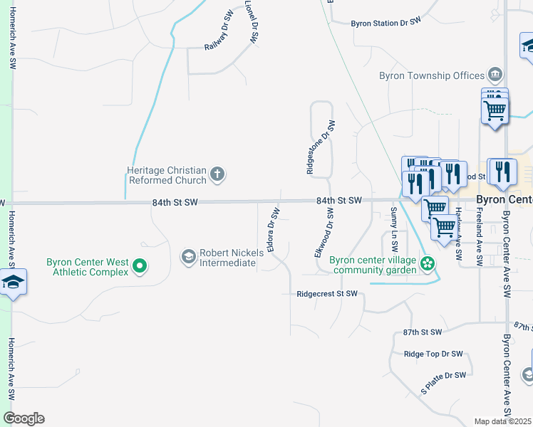 map of restaurants, bars, coffee shops, grocery stores, and more near 8435 Eldora Drive Southwest in Byron Center