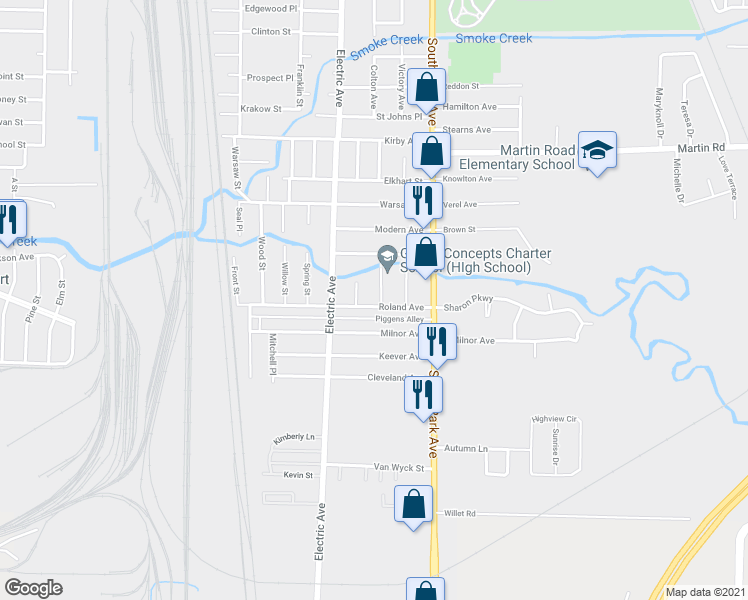 map of restaurants, bars, coffee shops, grocery stores, and more near 156 Roland Avenue in Buffalo