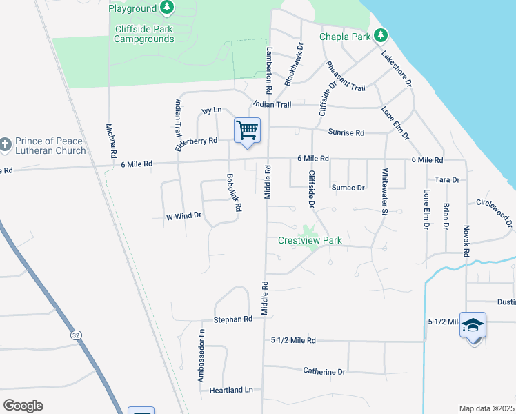 map of restaurants, bars, coffee shops, grocery stores, and more near 6828 Middle Road in Racine