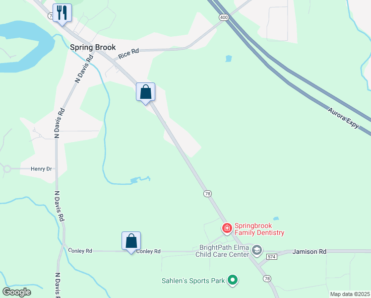 map of restaurants, bars, coffee shops, grocery stores, and more near 6701 Seneca Street in Erie County