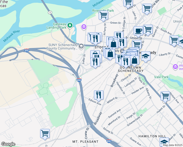 map of restaurants, bars, coffee shops, grocery stores, and more near 118 Erie Blvd in Schenectady