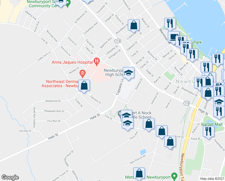 map of restaurants, bars, coffee shops, grocery stores, and more near 28 Toppans Lane in Newburyport