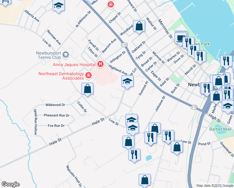 map of restaurants, bars, coffee shops, grocery stores, and more near 28 Toppans Lane in Newburyport