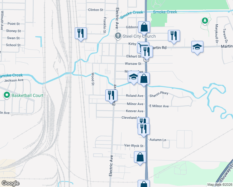 map of restaurants, bars, coffee shops, grocery stores, and more near 114 Roland Avenue in Buffalo