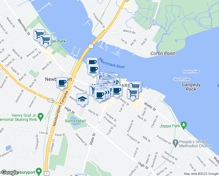 map of restaurants, bars, coffee shops, grocery stores, and more near 5 Market Square in Newburyport