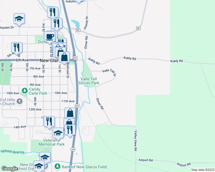 map of restaurants, bars, coffee shops, grocery stores, and more near 172 Valle Tell Dr in New Glarus