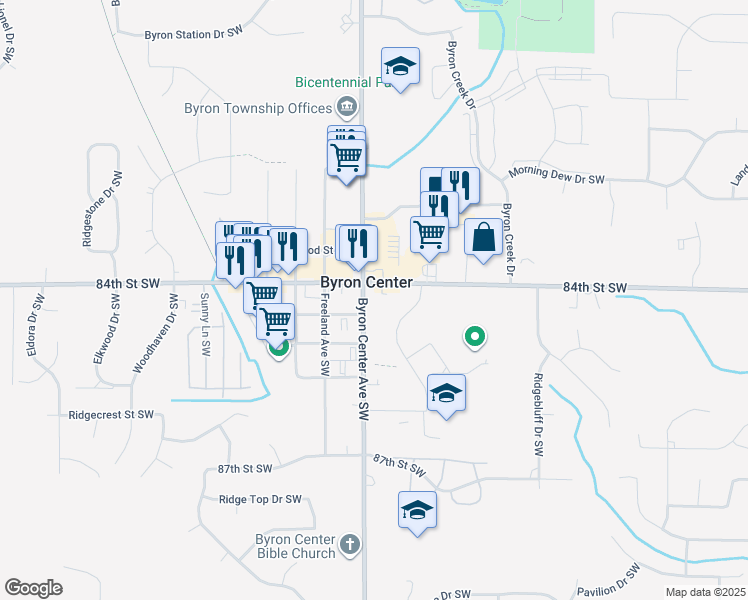 map of restaurants, bars, coffee shops, grocery stores, and more near 2360 84th Street Southwest in Byron Center