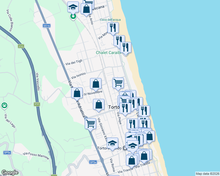 map of restaurants, bars, coffee shops, grocery stores, and more near 25 Via Enrico Toti in Tortoreto Lido