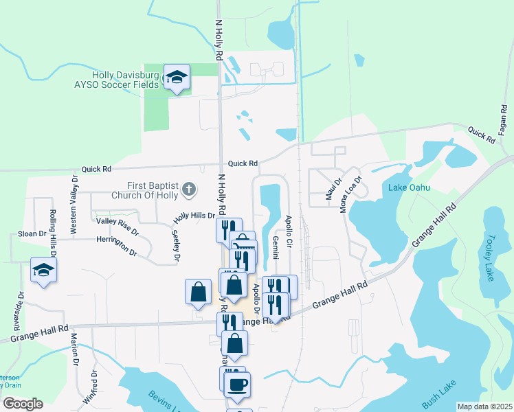 map of restaurants, bars, coffee shops, grocery stores, and more near 127187 Apollo Drive in Holly