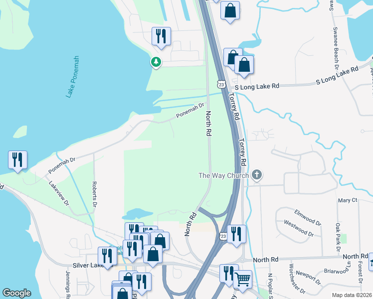 map of restaurants, bars, coffee shops, grocery stores, and more near 3117 Ponemah Drive in Fenton