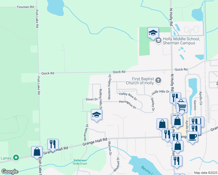 map of restaurants, bars, coffee shops, grocery stores, and more near 15061 Western Valley Drive in Holly