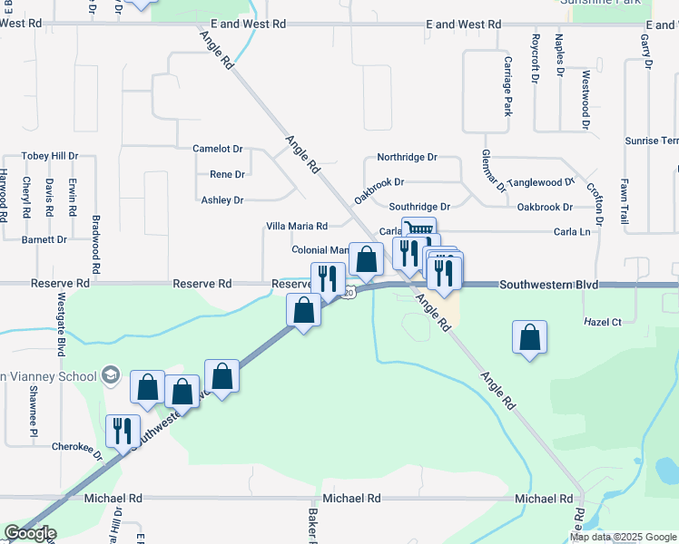 map of restaurants, bars, coffee shops, grocery stores, and more near 1080 Reserve Road in Buffalo