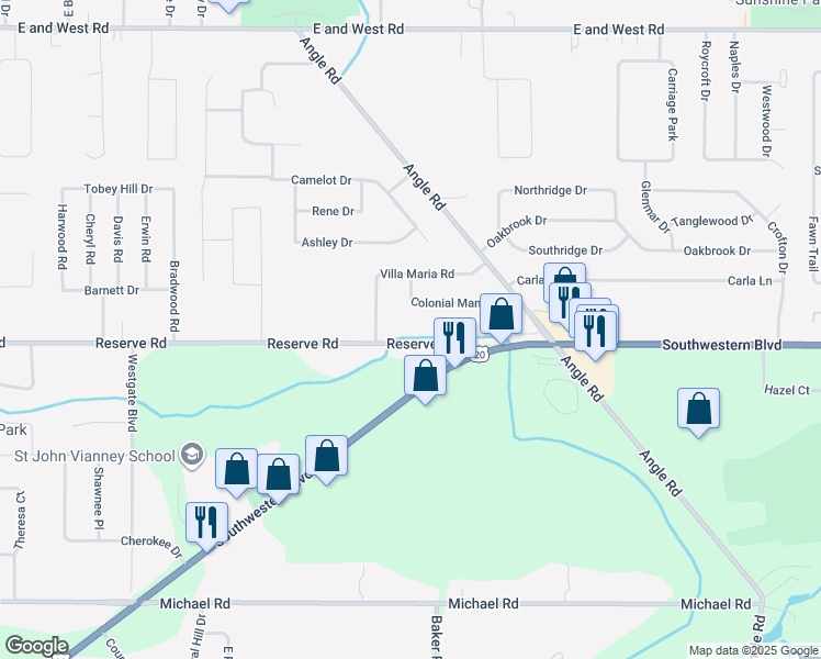 map of restaurants, bars, coffee shops, grocery stores, and more near 940 Reserve Road in Buffalo