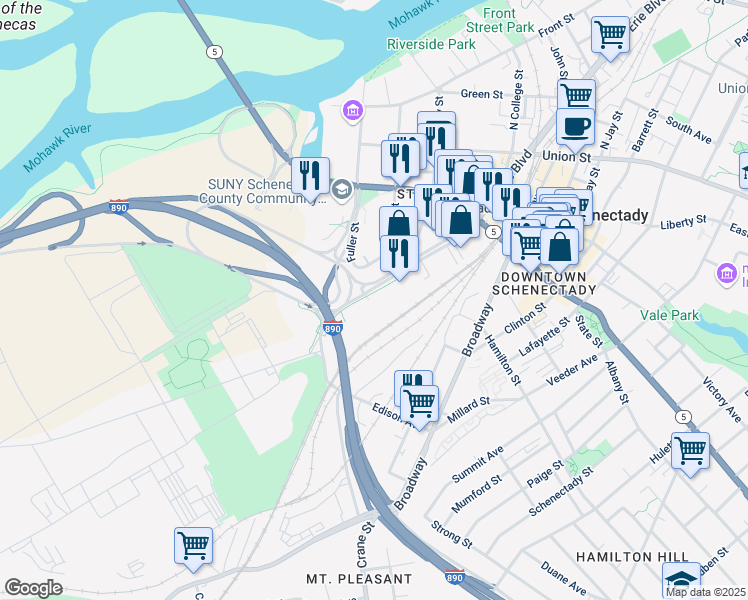 map of restaurants, bars, coffee shops, grocery stores, and more near 118 Erie Boulevard in Schenectady