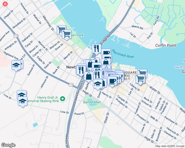 map of restaurants, bars, coffee shops, grocery stores, and more near 13 Market Street in Newburyport