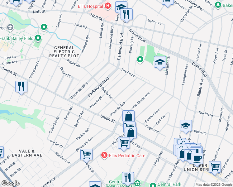 map of restaurants, bars, coffee shops, grocery stores, and more near 1101 Ardsley Road in Schenectady