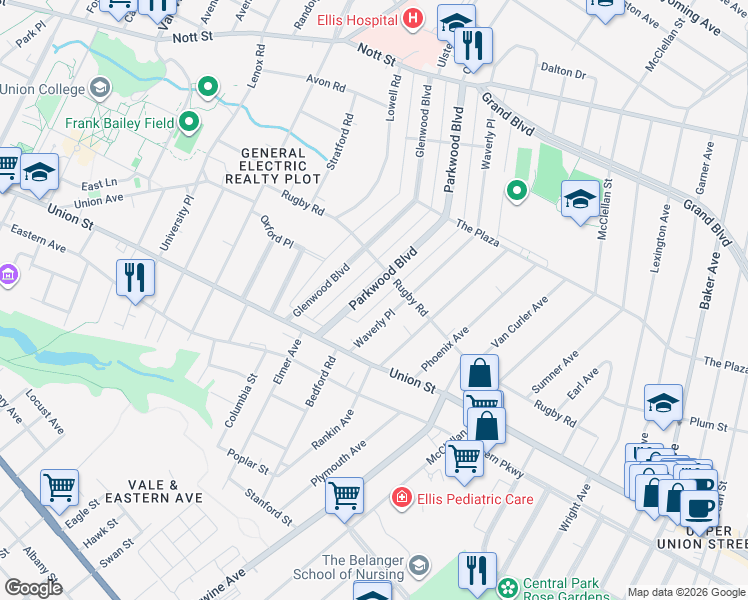map of restaurants, bars, coffee shops, grocery stores, and more near 1075 Waverly Place in Schenectady