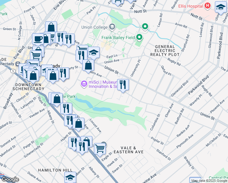 map of restaurants, bars, coffee shops, grocery stores, and more near 107 Degraff Street in Schenectady
