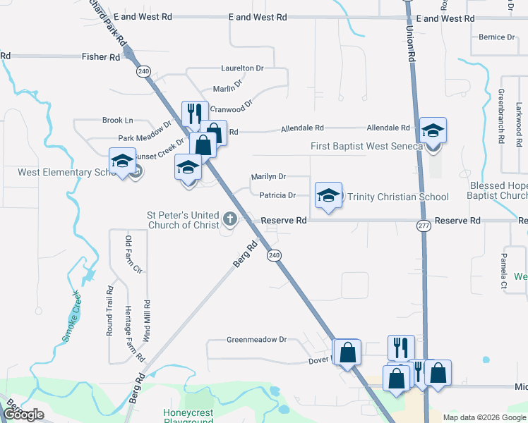 map of restaurants, bars, coffee shops, grocery stores, and more near 1470 Orchard Park Road in Buffalo