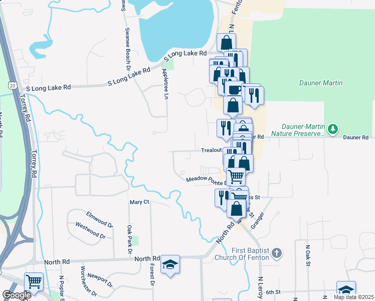 map of restaurants, bars, coffee shops, grocery stores, and more near 205 Trealout Drive in Fenton