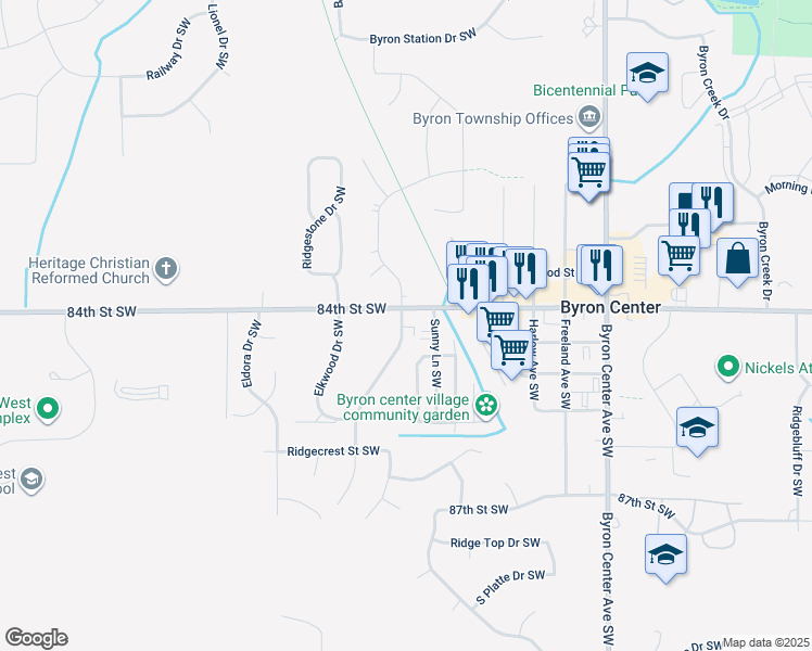 map of restaurants, bars, coffee shops, grocery stores, and more near 8446 Woodhaven Drive Southwest in Byron Center