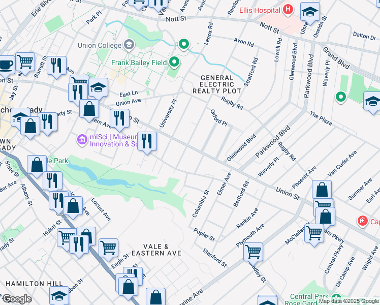 map of restaurants, bars, coffee shops, grocery stores, and more near 1204 Union Street in Schenectady