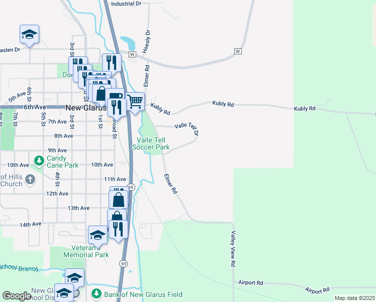 map of restaurants, bars, coffee shops, grocery stores, and more near 172 Valle Tell Drive in New Glarus