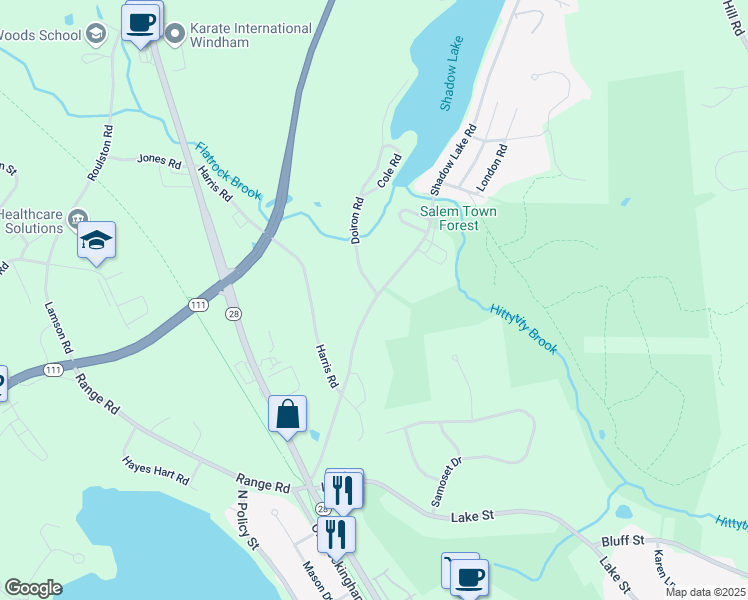 map of restaurants, bars, coffee shops, grocery stores, and more near 65 Shadow Lake Road in Salem
