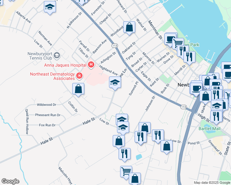 map of restaurants, bars, coffee shops, grocery stores, and more near 241 High Street in Newburyport