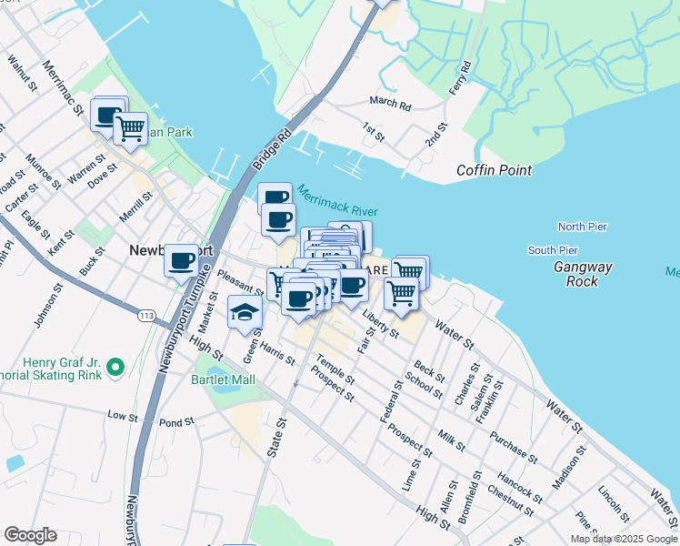 map of restaurants, bars, coffee shops, grocery stores, and more near 14 Market Square in Newburyport