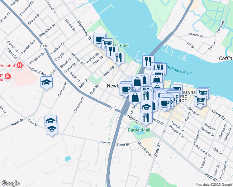 map of restaurants, bars, coffee shops, grocery stores, and more near 41 Washington Street in Newburyport