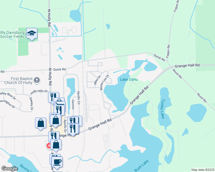 map of restaurants, bars, coffee shops, grocery stores, and more near Mona Loa Drive in Holly