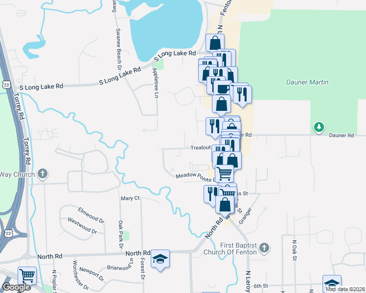 map of restaurants, bars, coffee shops, grocery stores, and more near 310 South Leroy Street in Fenton