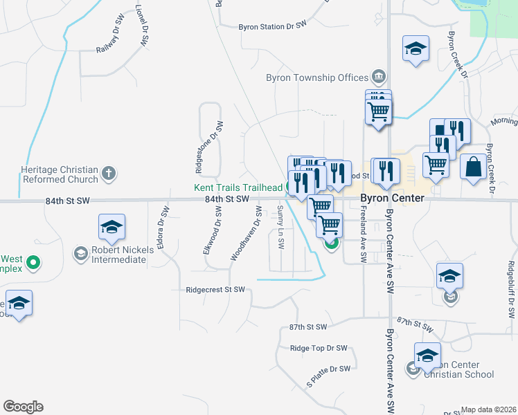 map of restaurants, bars, coffee shops, grocery stores, and more near 8446 Woodhaven Drive Southwest in Byron Center