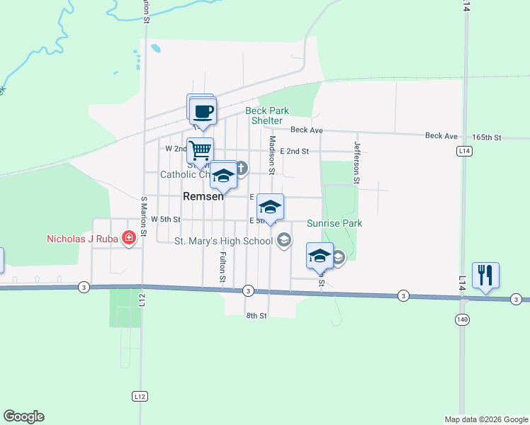 map of restaurants, bars, coffee shops, grocery stores, and more near 201-247 E 5th St in Remsen