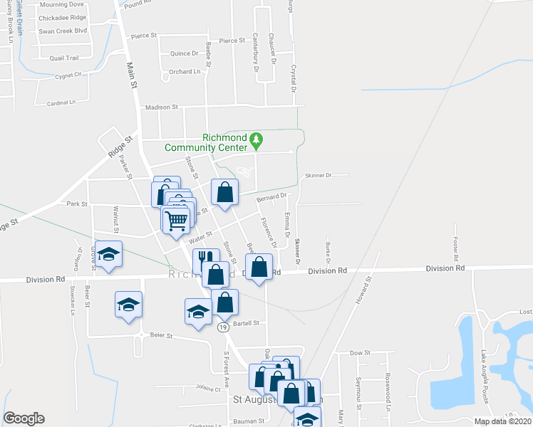 map of restaurants, bars, coffee shops, grocery stores, and more near 69168 Florence Drive in Richmond