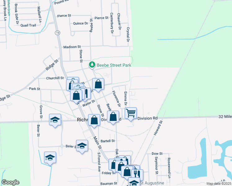 map of restaurants, bars, coffee shops, grocery stores, and more near 69412 Lester Court in Richmond