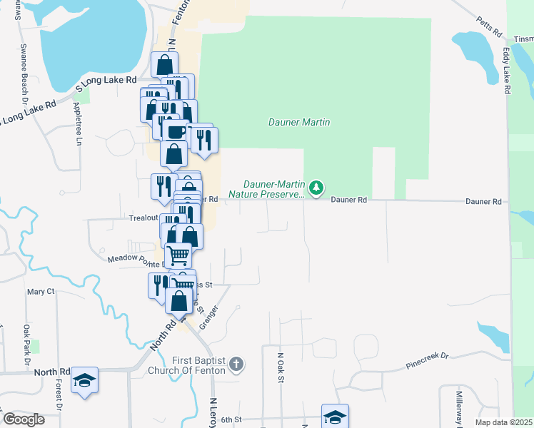 map of restaurants, bars, coffee shops, grocery stores, and more near 400 Dauner Boulevard in Fenton
