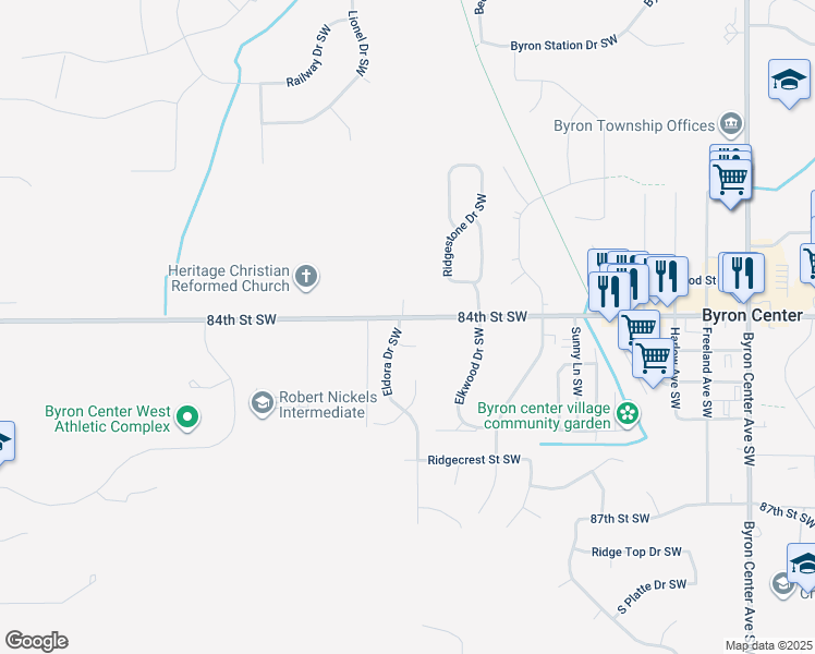 map of restaurants, bars, coffee shops, grocery stores, and more near 8435 Eldora Drive Southwest in Byron Center