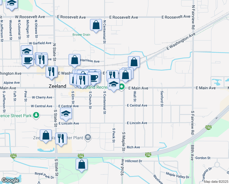 map of restaurants, bars, coffee shops, grocery stores, and more near 320 East Main Avenue in Zeeland