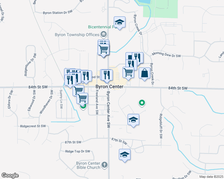 map of restaurants, bars, coffee shops, grocery stores, and more near 2384 84th Street Southwest in Byron Center