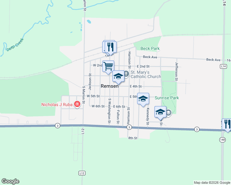 map of restaurants, bars, coffee shops, grocery stores, and more near 401 Fulton Street in Remsen