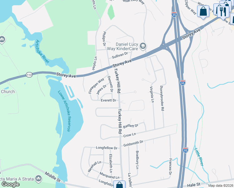 map of restaurants, bars, coffee shops, grocery stores, and more near 22 Turkey Hill Road in Newburyport