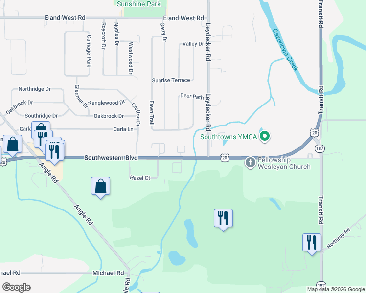 map of restaurants, bars, coffee shops, grocery stores, and more near 1420 Southwestern Boulevard in Buffalo