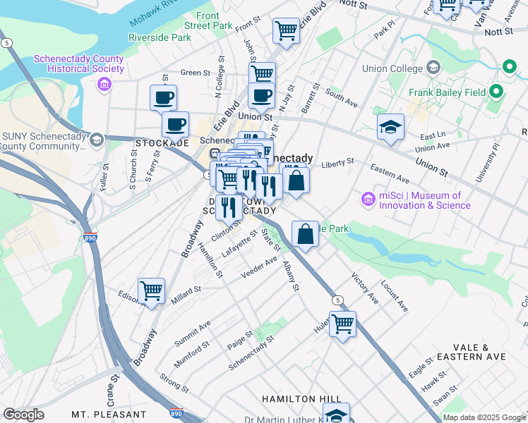 map of restaurants, bars, coffee shops, grocery stores, and more near 515 State Street in Schenectady